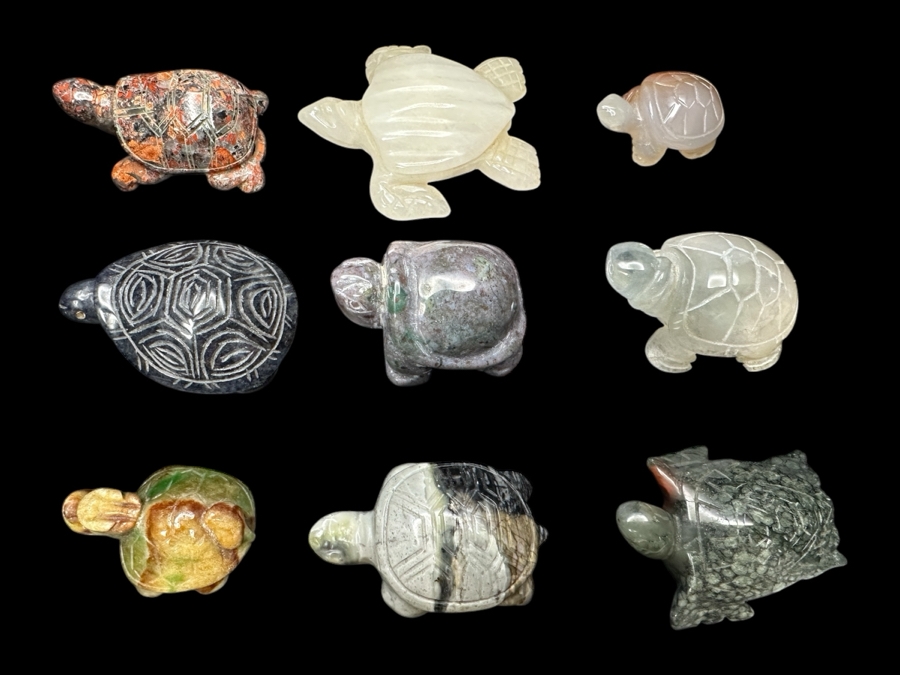 (9) Carved Stone Turtle Figurines Of Various Stones 224g