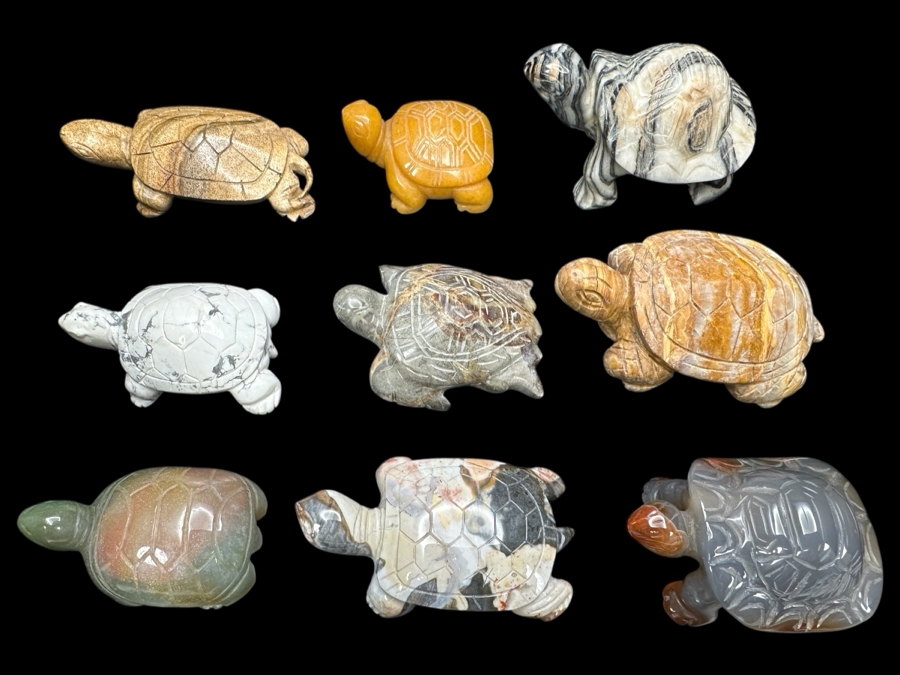 (9) Carved Stone Turtle Figurines Of Various Stones 573g