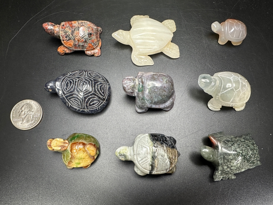 Just Added - (9) Carved Stone Turtle Figurines Of Various Stones 573g [Photo 2]