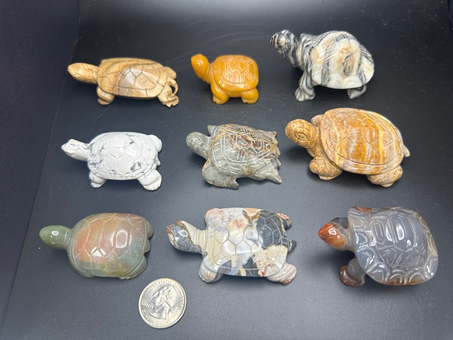 Just Added - (9) Carved Stone Turtle Figurines Of Various Stones 573g [Photo 7]