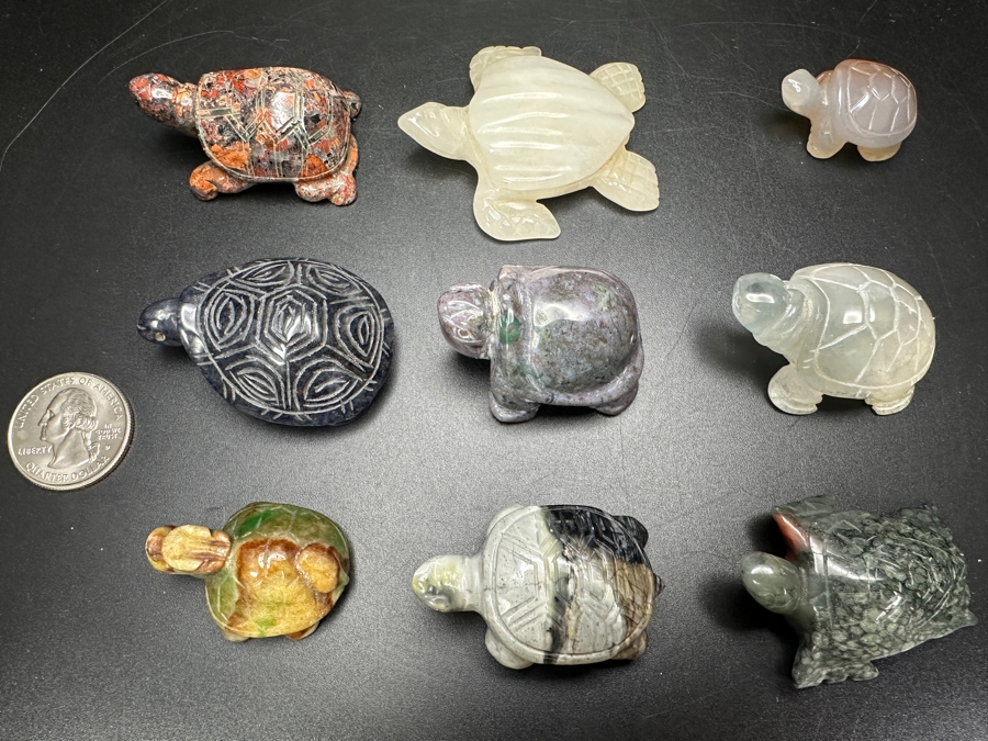 Just Added - (9) Carved Stone Turtle Figurines Of Various Stones 573g [Photo 3]