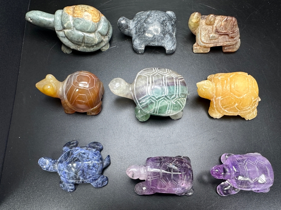 Just Added - (9) Carved Stone Turtle Figurines Of Various Stones 530g [Photo 2]