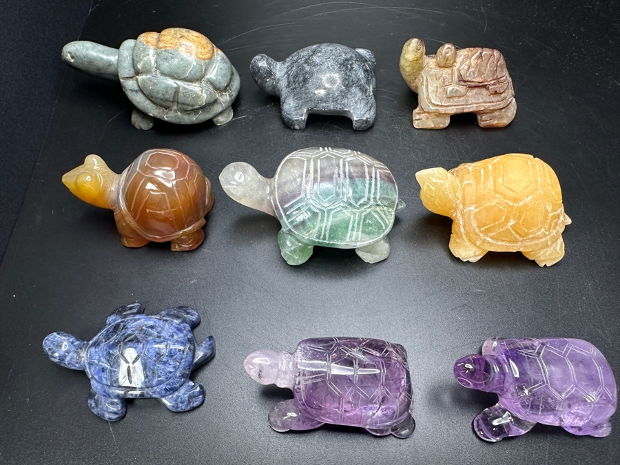 Just Added - (9) Carved Stone Turtle Figurines Of Various Stones 530g [Photo 4]