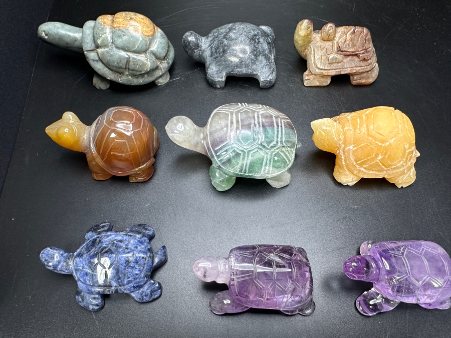 Just Added - (9) Carved Stone Turtle Figurines Of Various Stones 530g [Photo 3]