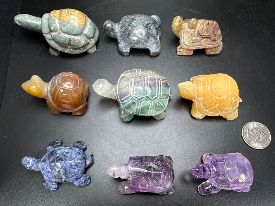 Just Added - (9) Carved Stone Turtle Figurines Of Various Stones 530g [Photo 5]