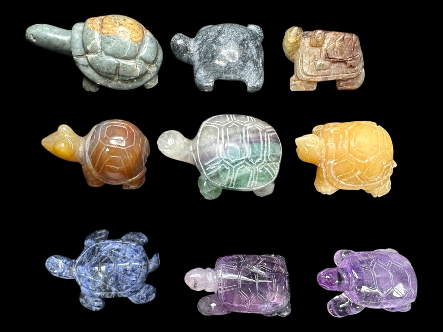 (9) Carved Stone Turtle Figurines Of Various Stones 530g