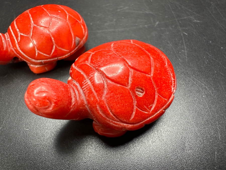 Pair Of Small Carved Red Coral Turtle Figurines 40g [Photo 7]