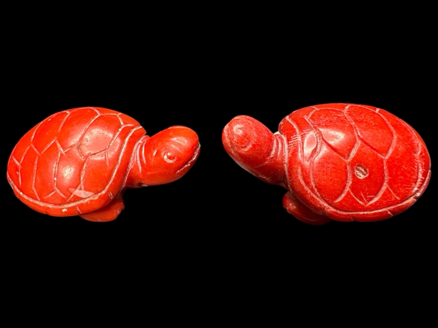 Pair Of Small Carved Red Coral Turtle Figurines 40g