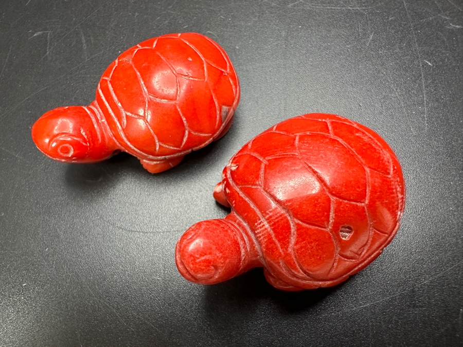 Pair Of Small Carved Red Coral Turtle Figurines 40g [Photo 6]