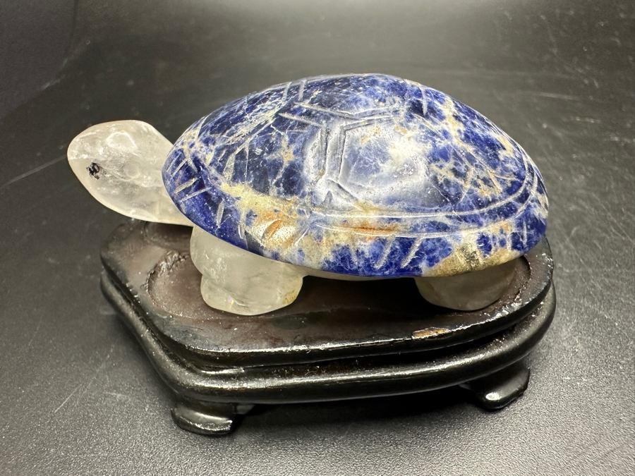 Vintage Chinese Carved Stone Lapis Lazuli Stone Turtle Figurine With Wooden Stand 67g [Photo 4]