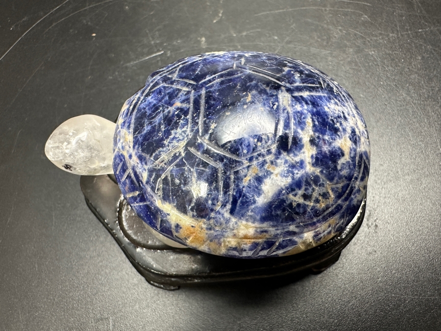 Vintage Chinese Carved Stone Lapis Lazuli Stone Turtle Figurine With Wooden Stand 67g [Photo 3]
