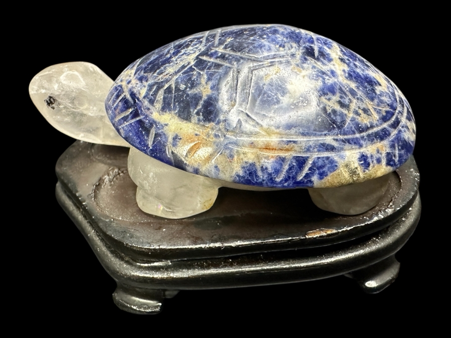 Vintage Chinese Carved Stone Lapis Lazuli Stone Turtle Figurine With Wooden Stand 67g [Photo 1]