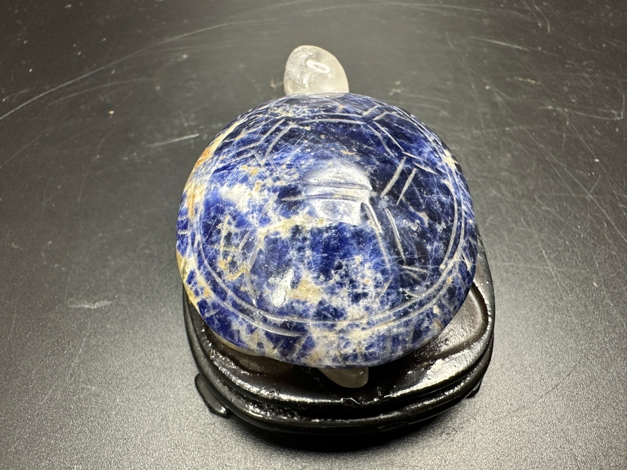 Vintage Chinese Carved Stone Lapis Lazuli Stone Turtle Figurine With Wooden Stand 67g [Photo 6]