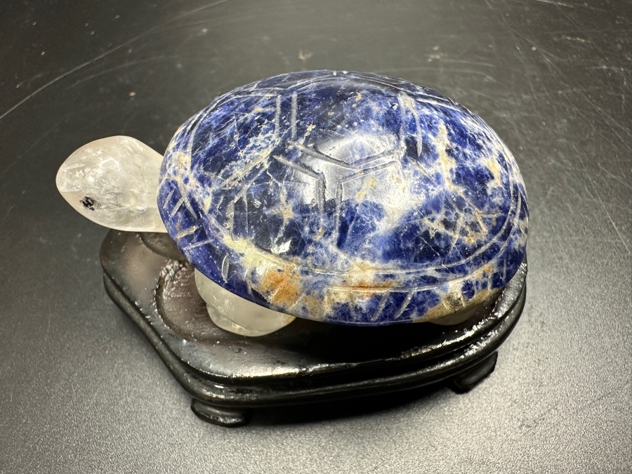 Vintage Chinese Carved Stone Lapis Lazuli Stone Turtle Figurine With Wooden Stand 67g [Photo 2]
