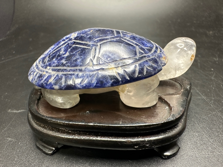 Vintage Chinese Carved Stone Lapis Lazuli Stone Turtle Figurine With Wooden Stand 67g [Photo 8]