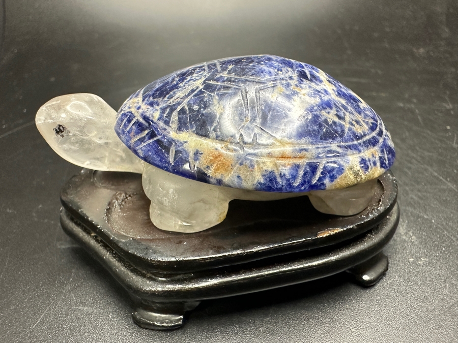 Vintage Chinese Carved Stone Lapis Lazuli Stone Turtle Figurine With Wooden Stand 67g [Photo 5]