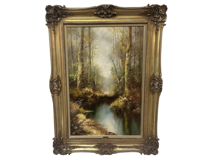 Original Landscape Painting On Canvas Signed Hanzel 24W X 36H Framed 34.5 X 47 [Photo 2]