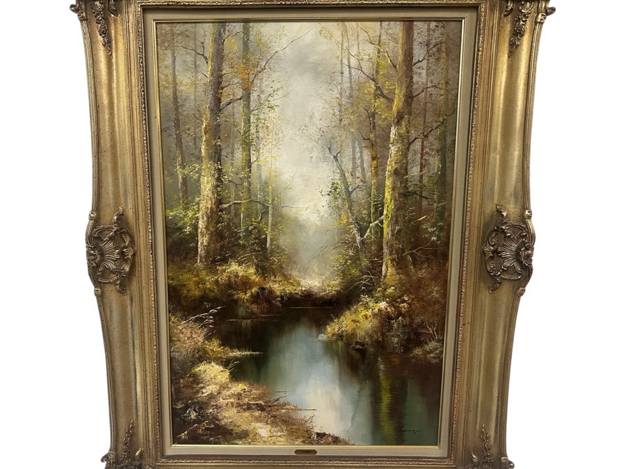 Original Landscape Painting On Canvas Signed Hanzel 24W X 36H Framed 34.5 X 47 [Photo 1]
