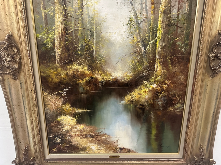 Original Landscape Painting On Canvas Signed Hanzel 24W X 36H Framed 34.5 X 47 [Photo 3]