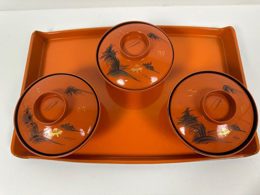 (3) Wajima Lacquer Bowls And Tray [Photo 4]