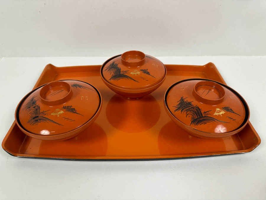(3) Wajima Lacquer Bowls And Tray [Photo 2]
