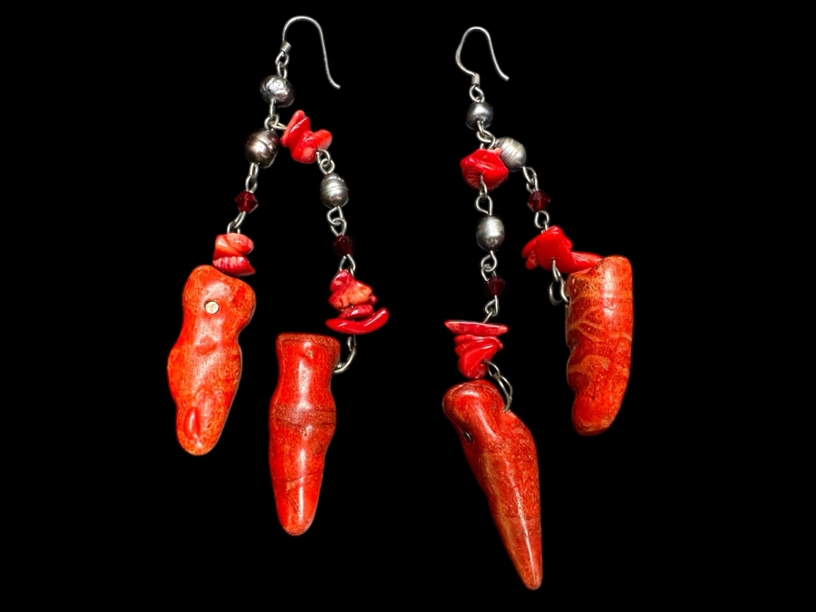 Just Added - Red Coral / Pearl Earrings [Photo 2]