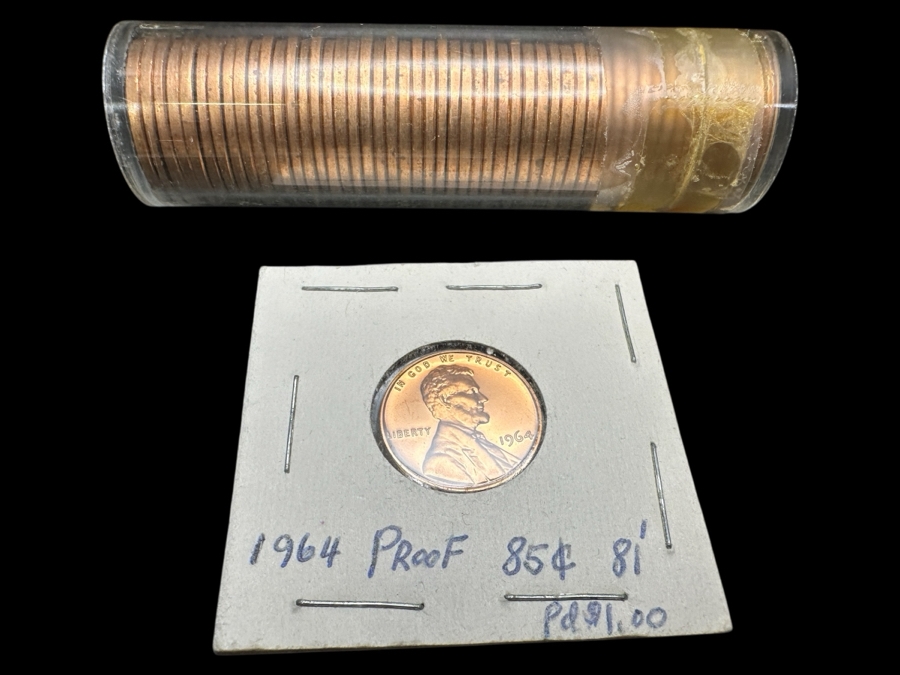 (50) 1963 D Uncirculated Bank Penny Roll Pennies And 1964 Proof Penny