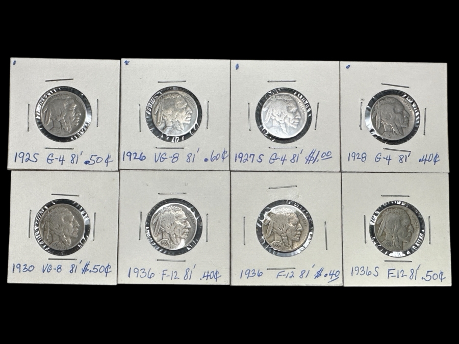 (8) Vintage United States Buffalo (Indian Head) Nickels (1) 1925, (1) 1926, (1) 1927 S, (1) 1928, (1) 1930, (2) 1936 & (1) 1936 S [Photo 1]
