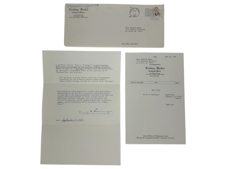 Henry A. Kissinger (1923-2023) Vintage 1974 Signed Typescript Letter With Invoice From Conway Barker Autograph Dealer [Photo 2]