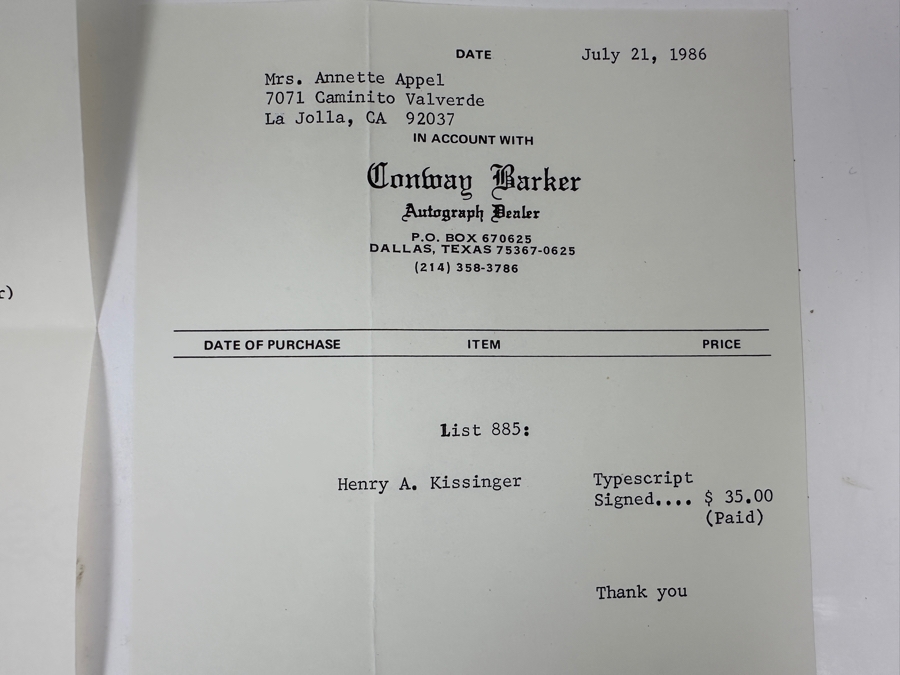 Henry A. Kissinger (1923-2023) Vintage 1974 Signed Typescript Letter With Invoice From Conway Barker Autograph Dealer [Photo 7]
