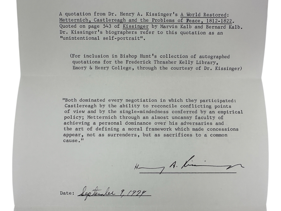 Henry A. Kissinger (1923-2023) Vintage 1974 Signed Typescript Letter With Invoice From Conway Barker Autograph Dealer [Photo 1]