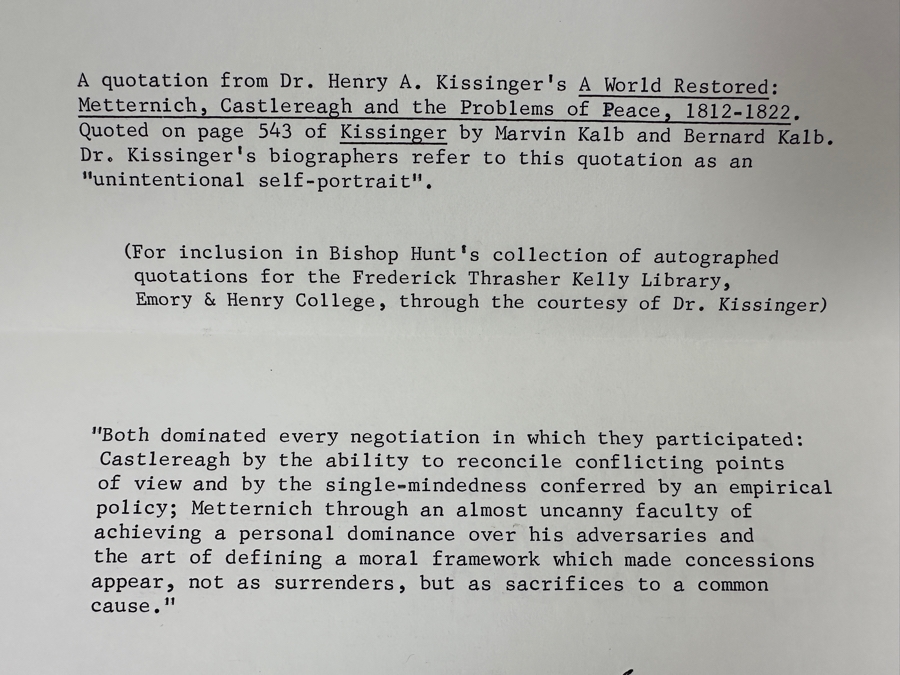 Henry A. Kissinger (1923-2023) Vintage 1974 Signed Typescript Letter With Invoice From Conway Barker Autograph Dealer [Photo 3]