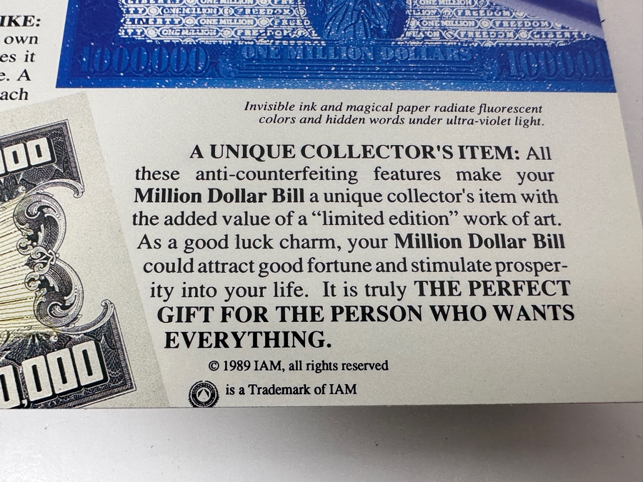 Limited Edition Novelty Million Dollar Bill With Certificate Of Authenticity 1988 IAM American Bank Note Company [Photo 13]