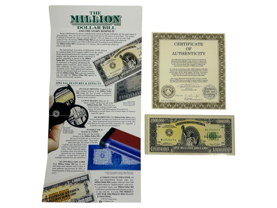 Limited Edition Novelty Million Dollar Bill With Certificate Of Authenticity 1988 IAM American Bank Note Company [Photo 2]