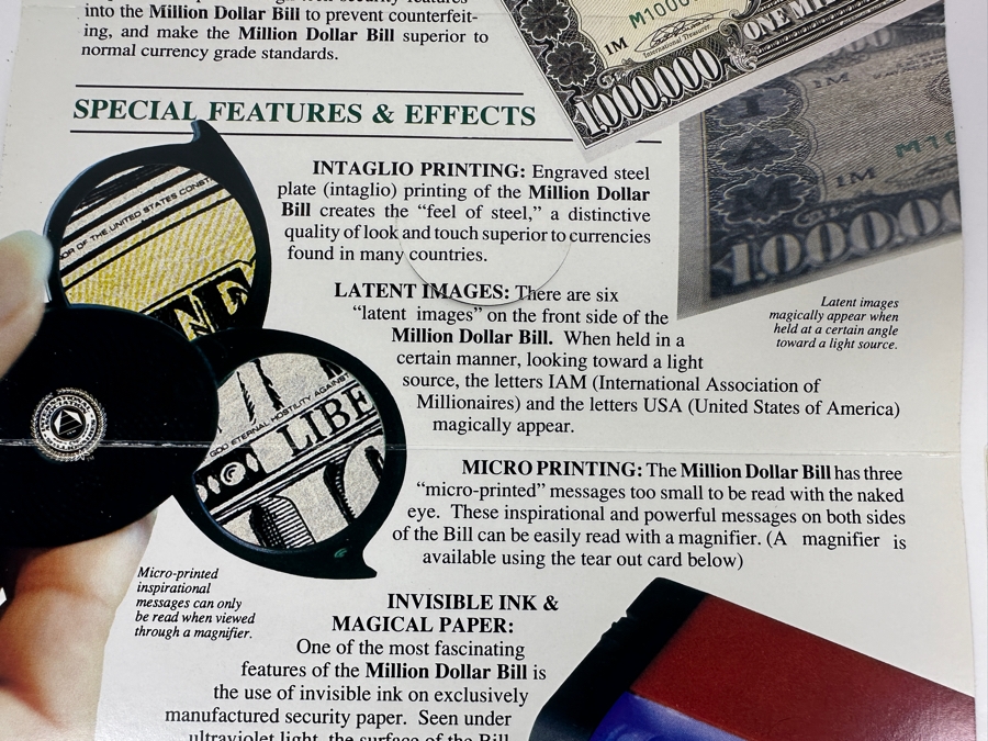 Limited Edition Novelty Million Dollar Bill With Certificate Of Authenticity 1988 IAM American Bank Note Company [Photo 10]