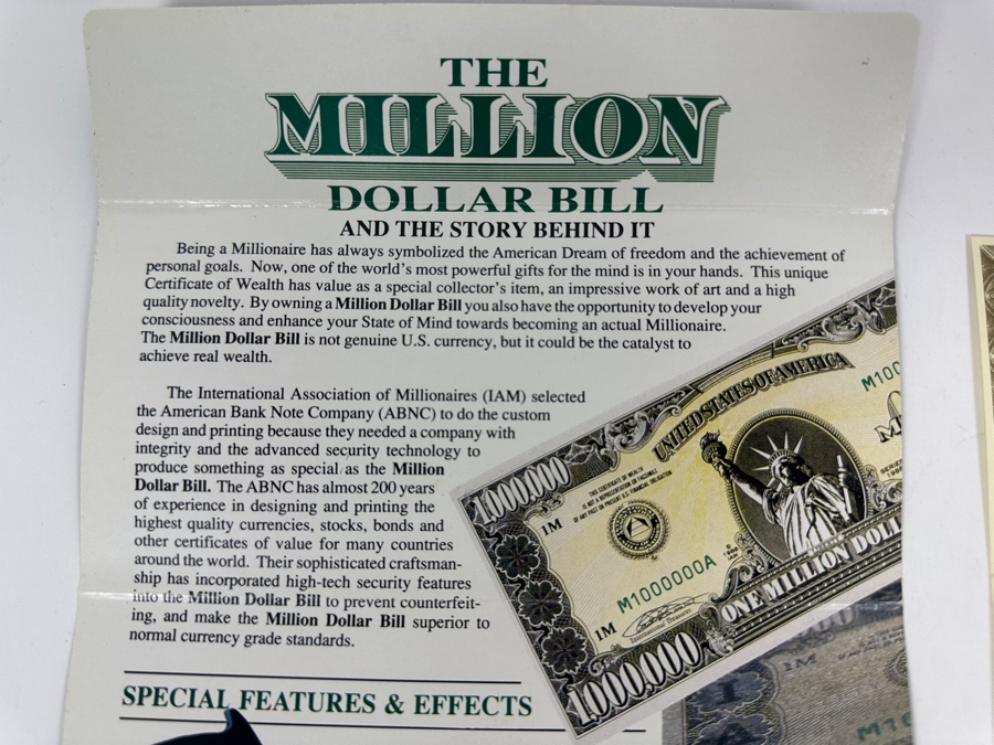 Limited Edition Novelty Million Dollar Bill With Certificate Of Authenticity 1988 IAM American Bank Note Company [Photo 9]