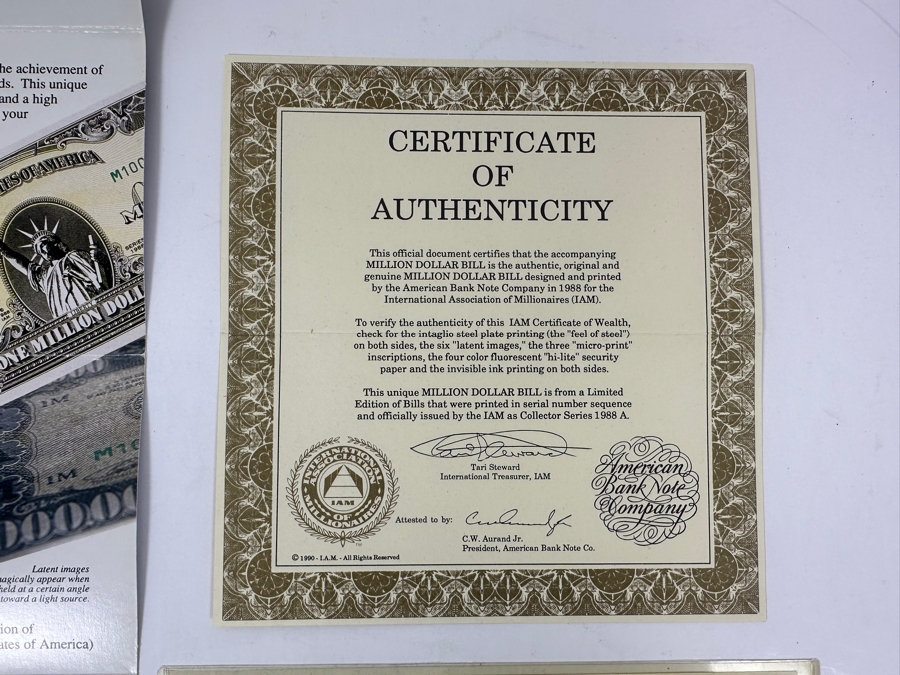 Limited Edition Novelty Million Dollar Bill With Certificate Of Authenticity 1988 IAM American Bank Note Company [Photo 7]