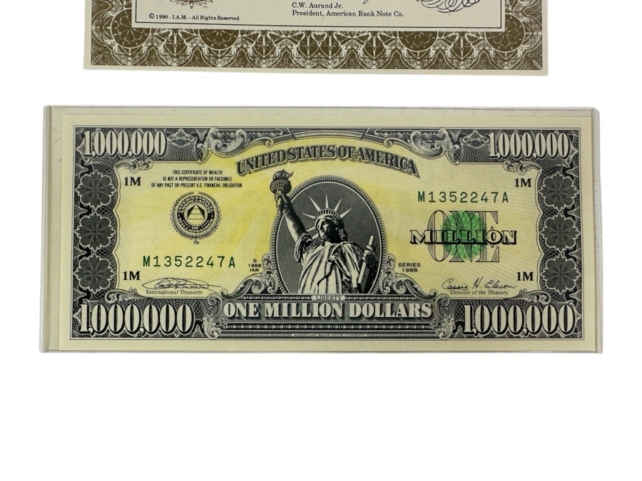 Limited Edition Novelty Million Dollar Bill With Certificate Of Authenticity 1988 IAM American Bank Note Company [Photo 1]