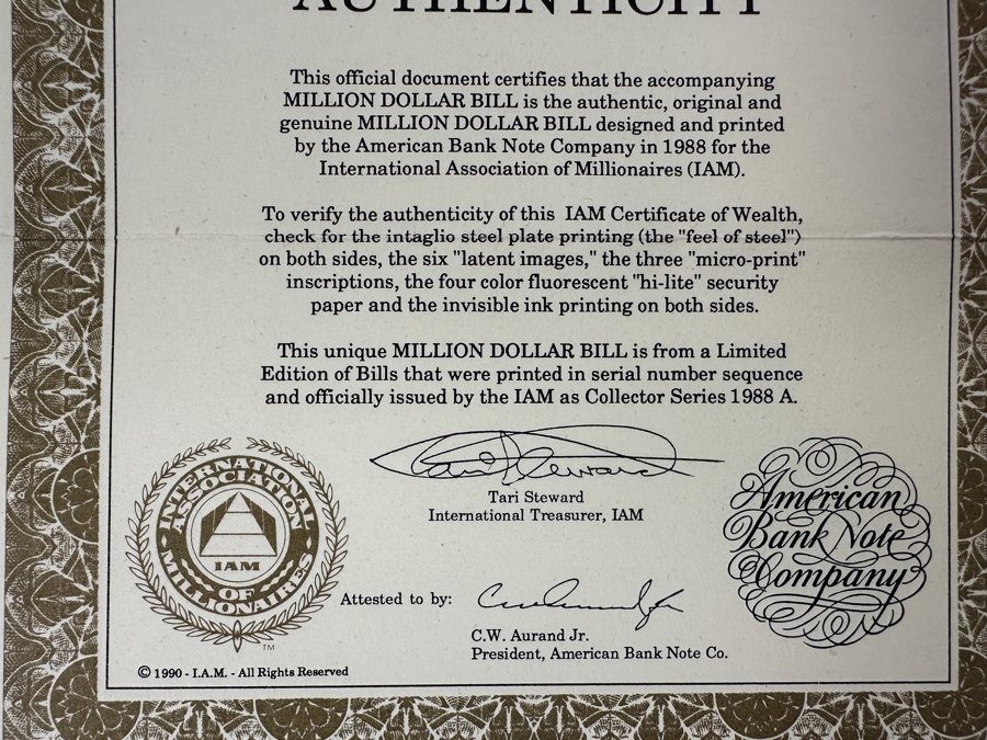 Limited Edition Novelty Million Dollar Bill With Certificate Of Authenticity 1988 IAM American Bank Note Company [Photo 8]