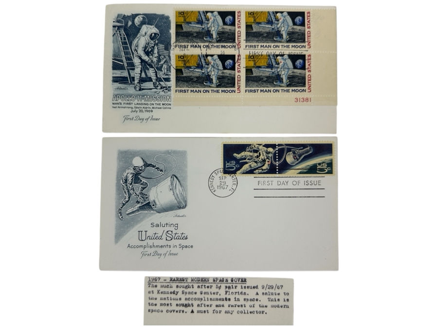 Pair Of Vintage 1967 Saluting United States Accomplishments In Space (Rarest Modern Space Cover) And 1969 Apollo 11 Mission First Man On The Moon [Photo 1]