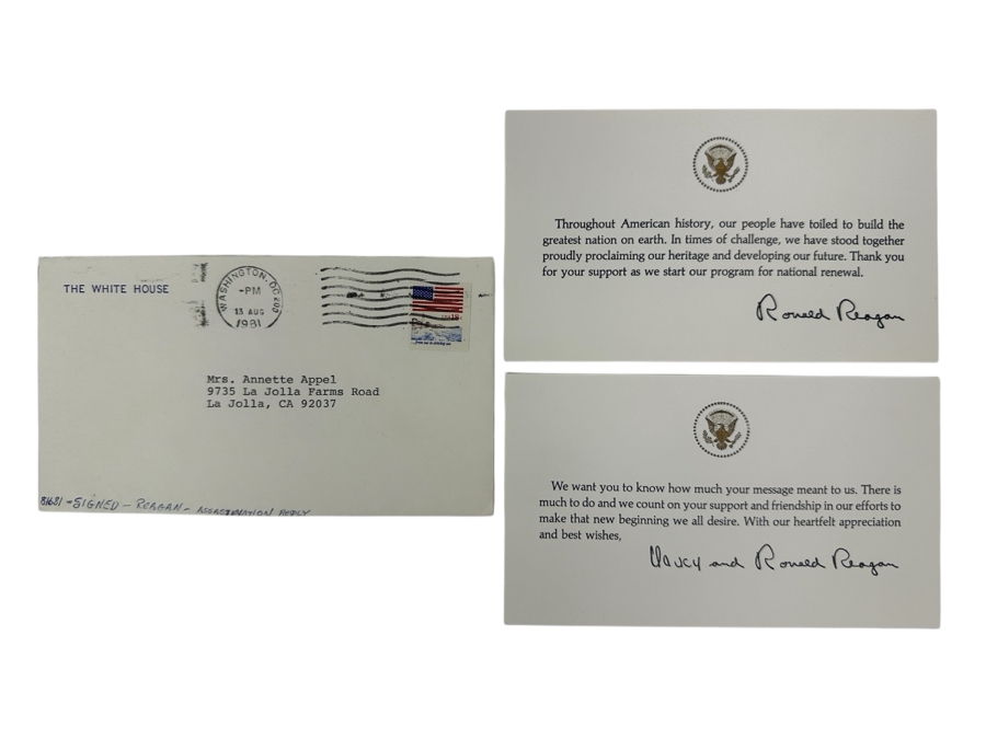 White House Ronald Reagan / Nancy And Ronald Reagan Thank You Cards With Facsimile Signatures And One White House Envelope [Photo 1]