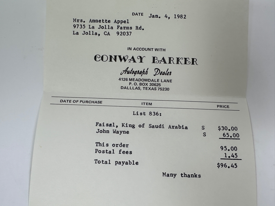 John Wayne (1907-1979) Signature With Receipt Of Purchase From Conway Barker Autograph Dealer [Photo 5]