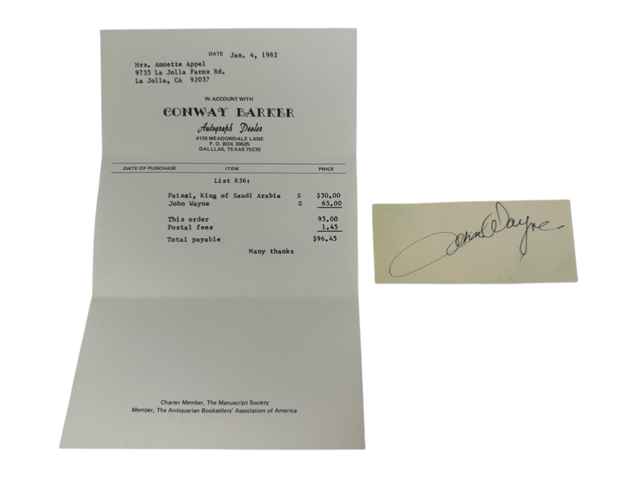 John Wayne (1907-1979) Signature With Receipt Of Purchase From Conway Barker Autograph Dealer [Photo 2]