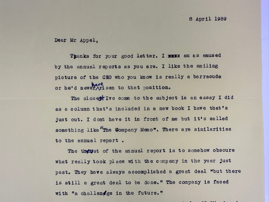 Vintage 1989 Hand Signed Andrew (Andy) A Rooney (1919-2011) 60 Minutes Personal Typed Letter With Handwritten Typos Andy Rooney Signature [Photo 4]