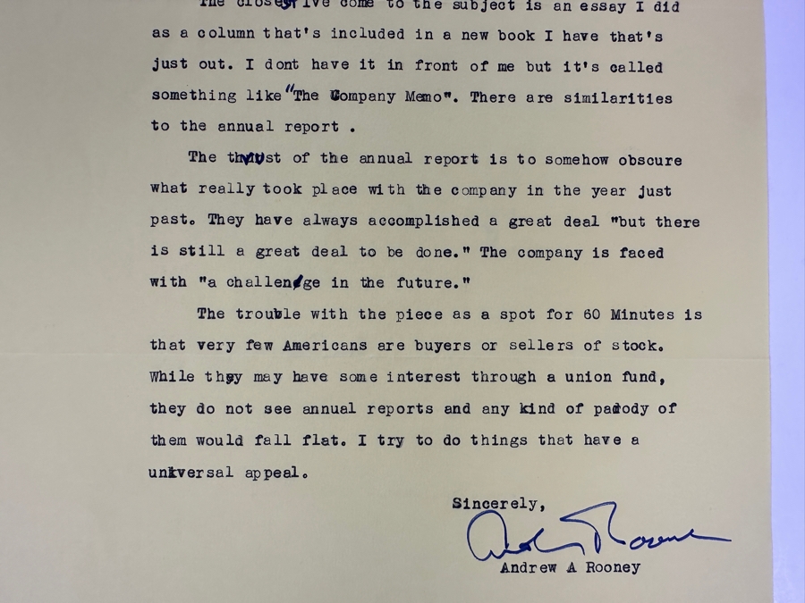 Vintage 1989 Hand Signed Andrew (Andy) A Rooney (1919-2011) 60 Minutes Personal Typed Letter With Handwritten Typos Andy Rooney Signature [Photo 5]