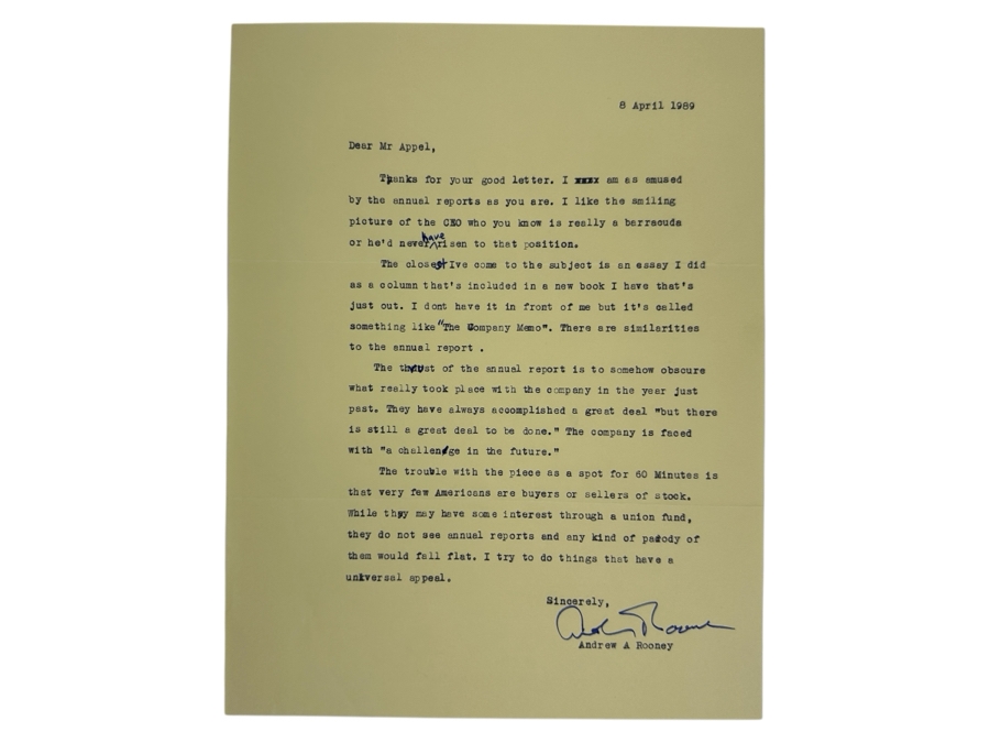 Vintage 1989 Hand Signed Andrew (Andy) A Rooney (1919-2011) 60 Minutes Personal Typed Letter With Handwritten Typos Andy Rooney Signature [Photo 1]