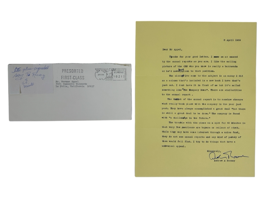 Vintage 1989 Hand Signed Andrew (Andy) A Rooney (1919-2011) 60 Minutes Personal Typed Letter With Handwritten Typos Andy Rooney Signature [Photo 2]