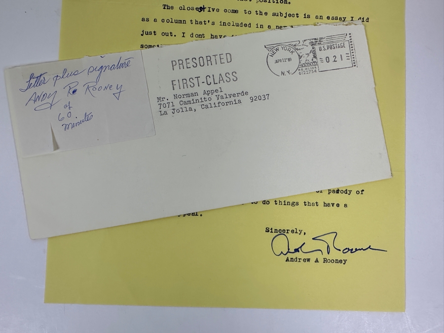 Vintage 1989 Hand Signed Andrew (Andy) A Rooney (1919-2011) 60 Minutes Personal Typed Letter With Handwritten Typos Andy Rooney Signature [Photo 9]