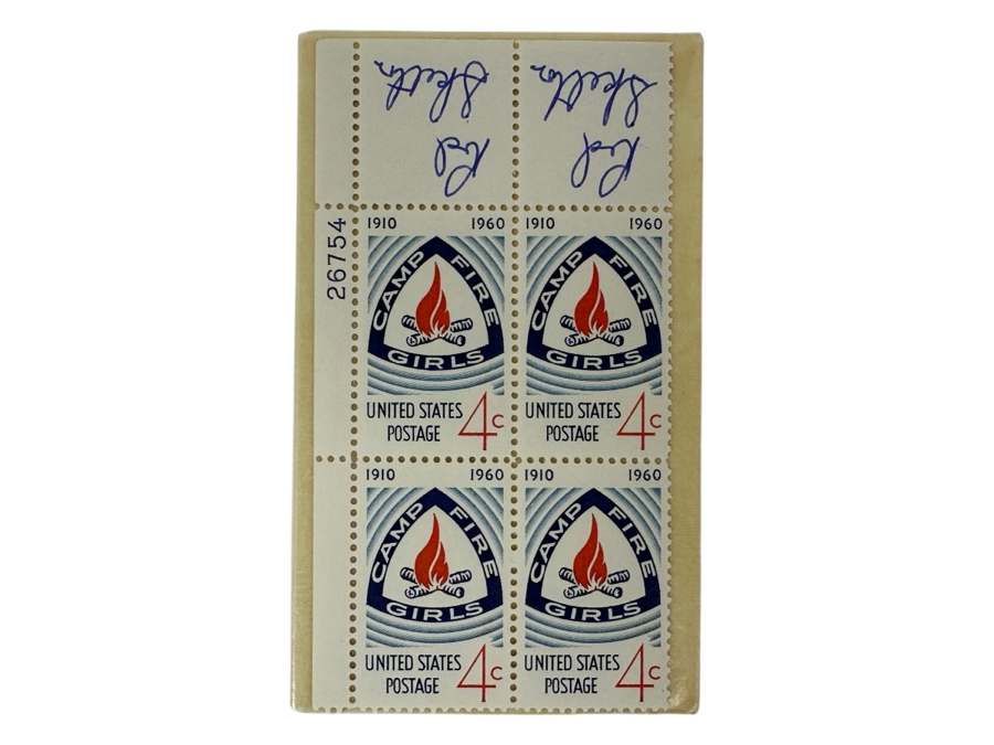 Vintage 1960 Block Of 4 Mint Camp Fire Girls 4 Cent Stamps With Two Hand Signed Red Skelton Signatures [Photo 1]