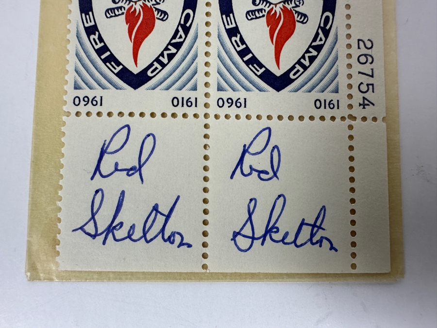 Vintage 1960 Block Of 4 Mint Camp Fire Girls 4 Cent Stamps With Two Hand Signed Red Skelton Signatures [Photo 4]